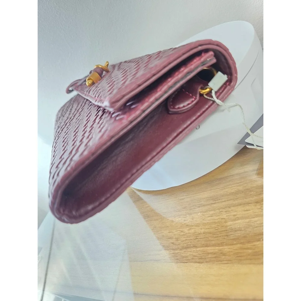 Woven Burgundy Vegan Leather Crossbody Clutch Bag with Knot Lock New